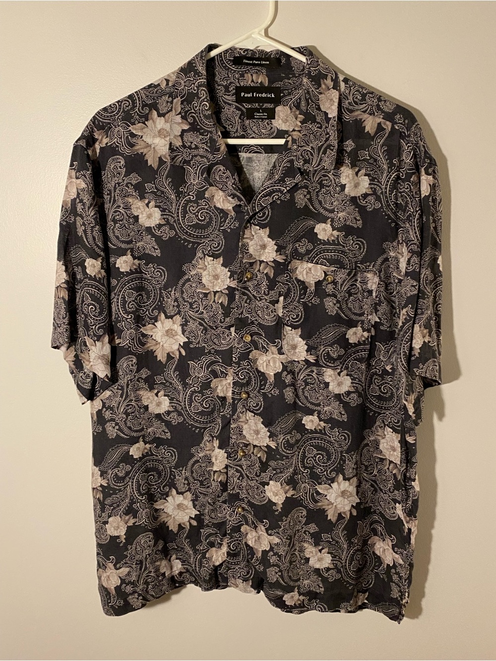Paul Fredrick Pure Linen Floral Paisley Camp Shirt Men’s Large Gray Button Front